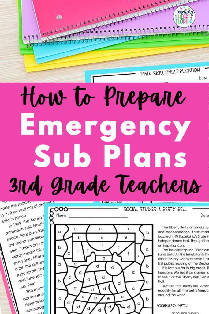 3rd grade emergency sub plans guide showing what to include for substitute teacher activities and no-prep lessons.