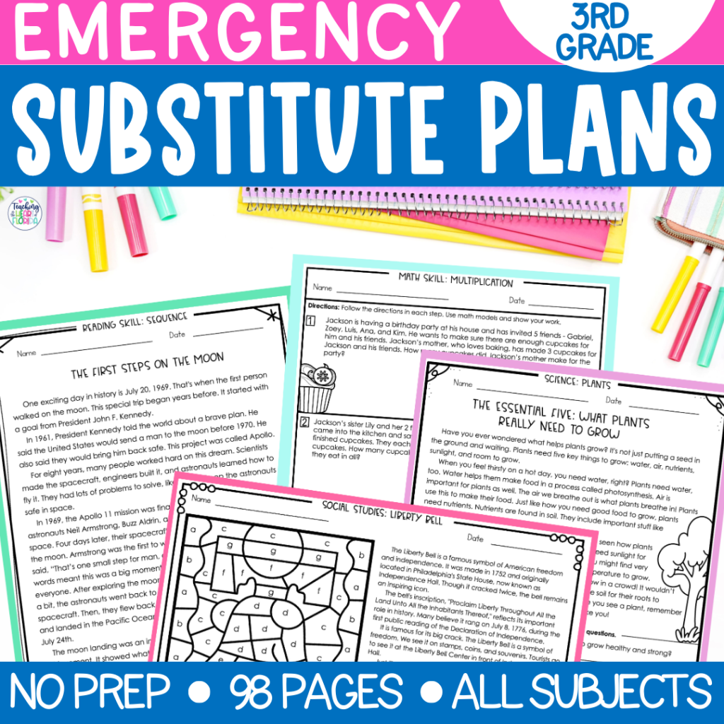 3rd grade emergency substitute plans bundle cover showing no-prep worksheets across all subjects including reading sequence, math multiplication, science plants, and social studies, with 98 pages of print-and-go activities.