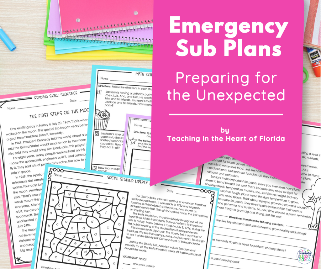 3rd grade emergency sub plans guide showing what to include for substitute teacher activities and no-prep lessons.
