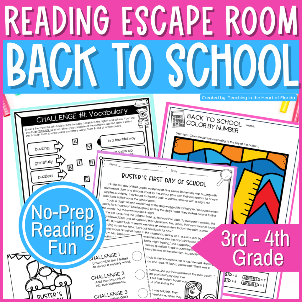 Back to school reading escape room for 3rd and 4th grade showing reading passage, paragraph challenge, and color by number activity by Teaching in the Heart of Florida