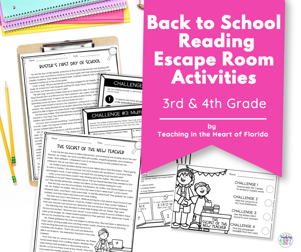 Back to school reading escape room for 3rd and 4th grade showing reading passages and challenge sheets by Teaching in the Heart of Florida