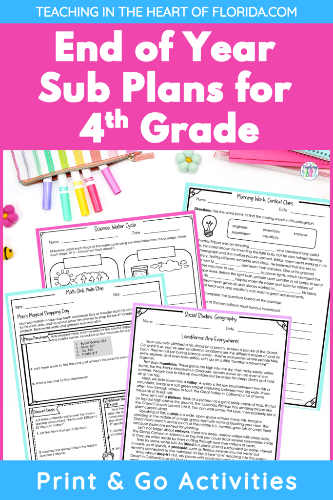 End of year sub plans for 4th grade print and go activities showing printable worksheets across multiple subjects including a science water cycle diagram, a multi-step math activity, a social studies geography passage on landforms, and morning work on context clues.