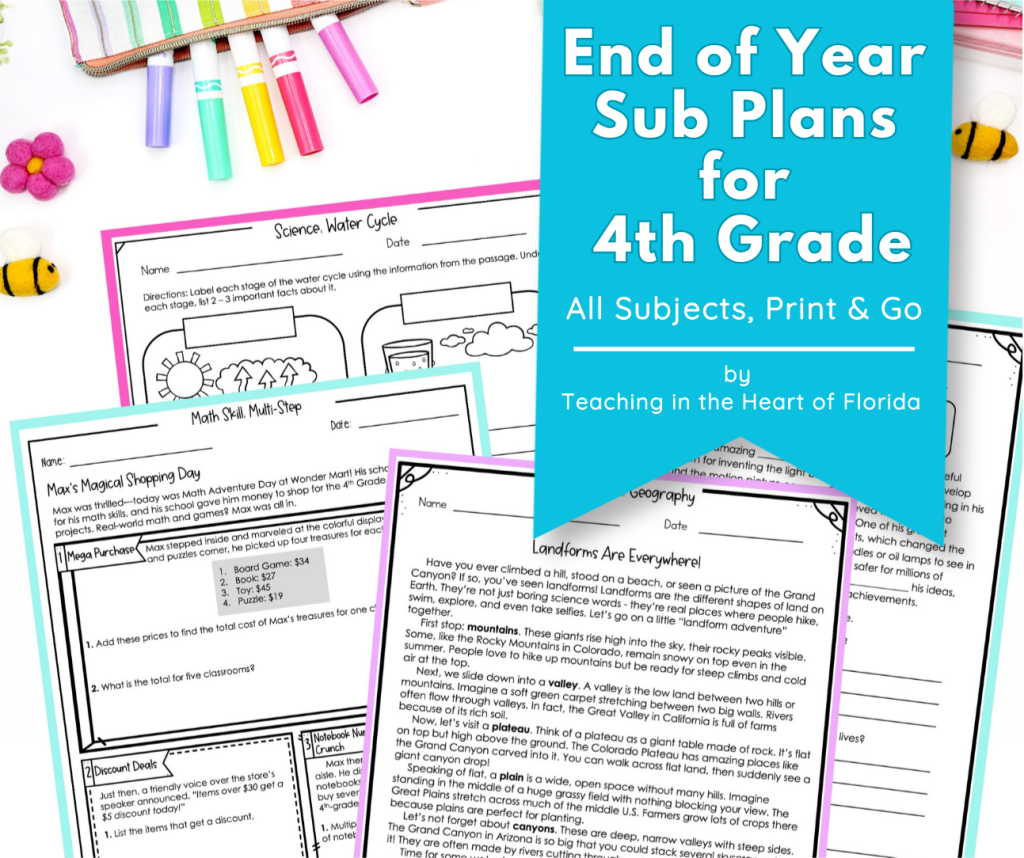 Printable end of year sub plans for 4th grade including morning work on figurative language, a reading passage about flamingos with text evidence questions, a fractions math activity, an opinion writing prompt, a social studies passage on Mary Bowser, a science passage on the phases of the moon, and an early finisher adjectives word search.