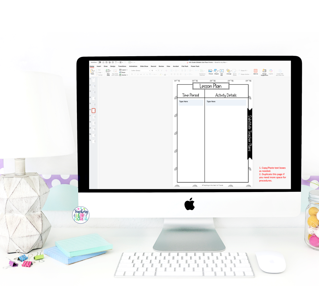 Editable lesson plan template included in the end of year sub plans for 4th grade, shown open in PowerPoint with a two-column layout for time periods and activity details that teachers can type directly into and update any time.