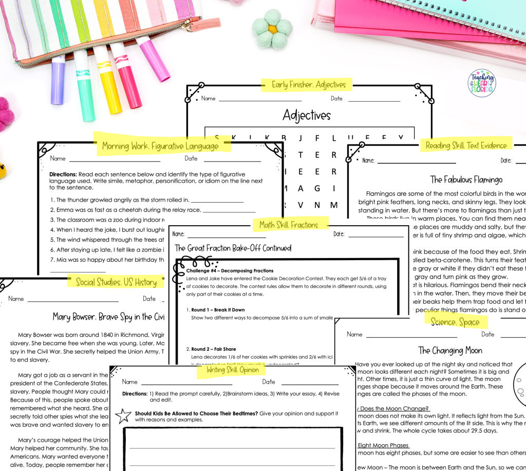 Printable end of year sub plans for 4th grade showing a full day of activities across every subject including morning work on figurative language, a reading passage with text evidence questions, a fractions math activity, an opinion writing prompt, a social studies passage on US history, a science passage on the phases of the moon, and an early finisher adjectives word search.