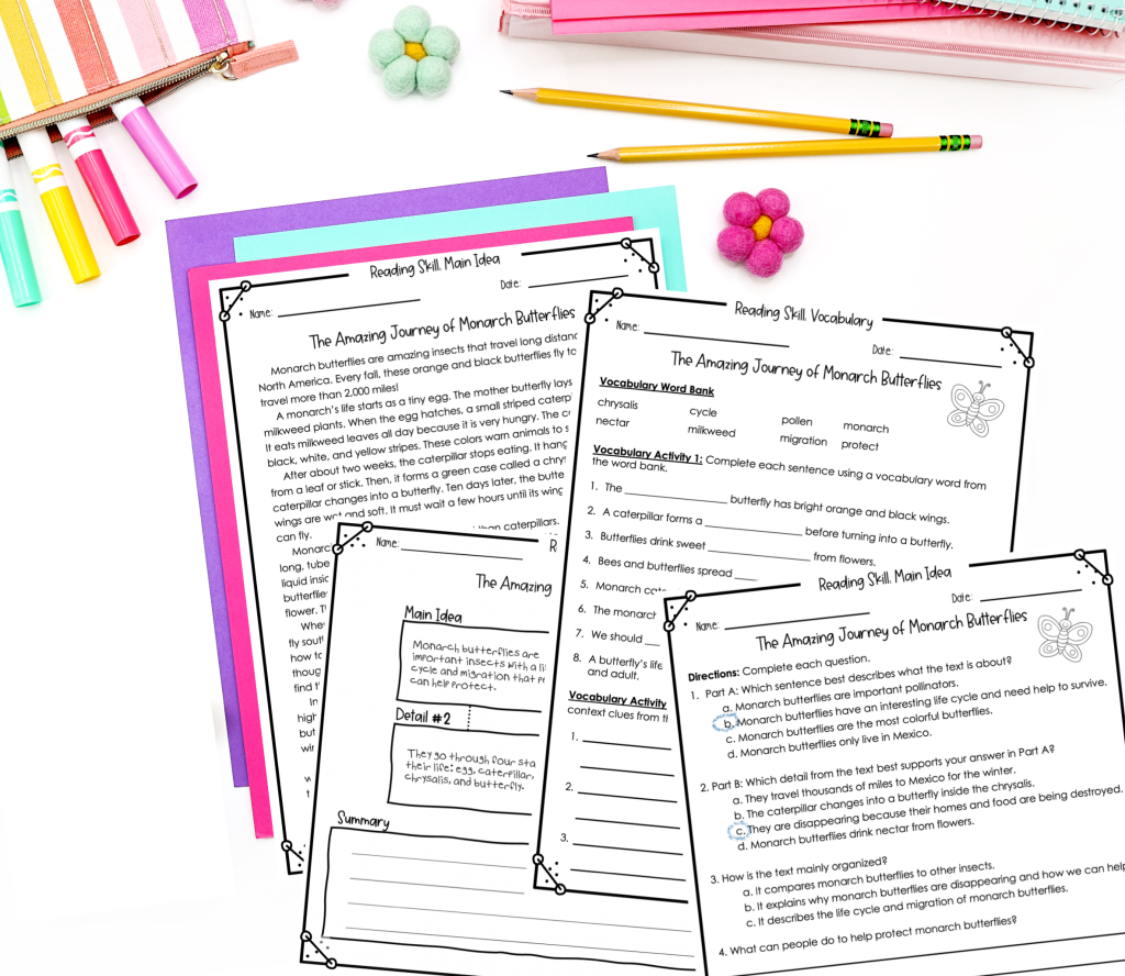 Printable end of year sub plans for 4th grade reading activities featuring a nonfiction passage about monarch butterflies with five skill-based worksheets including main idea, vocabulary, text evidence, and comprehension questions.