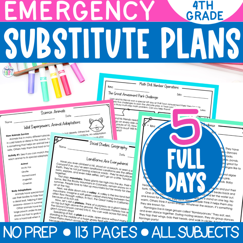 Cover image for the end of year sub plans for 4th grade resource showing five full days of no prep printable activities across all subjects including science, math, social studies, and reading, with 113 pages total