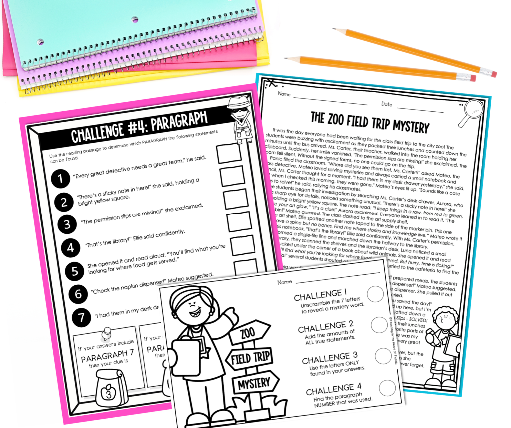 The Zoo Field Trip Mystery reading escape room for 4th-5th grade showing the reading passage, paragraph location challenge, and four challenge tracking sheet by Teaching in the Heart of Florida.