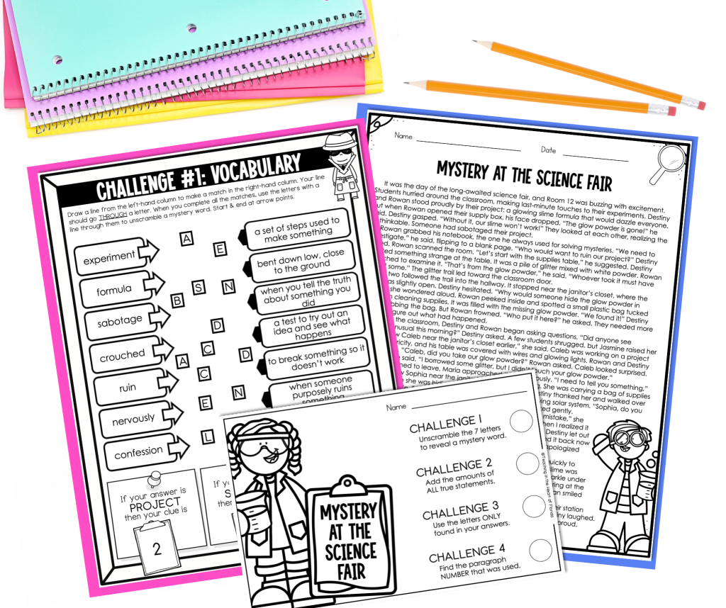 Mystery at the Science Fair reading escape room for 4th-5th grade showing the reading passage, vocabulary matching challenge, and four challenge tracking sheet by Teaching in the Heart of Florida.