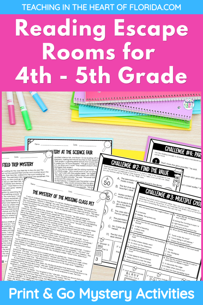 Reading escape rooms for 4th-5th grade Pinterest pin showing print and go mystery activities including the Missing Class Pet, Zoo Field Trip Mystery, and Mystery at the Science Fair.