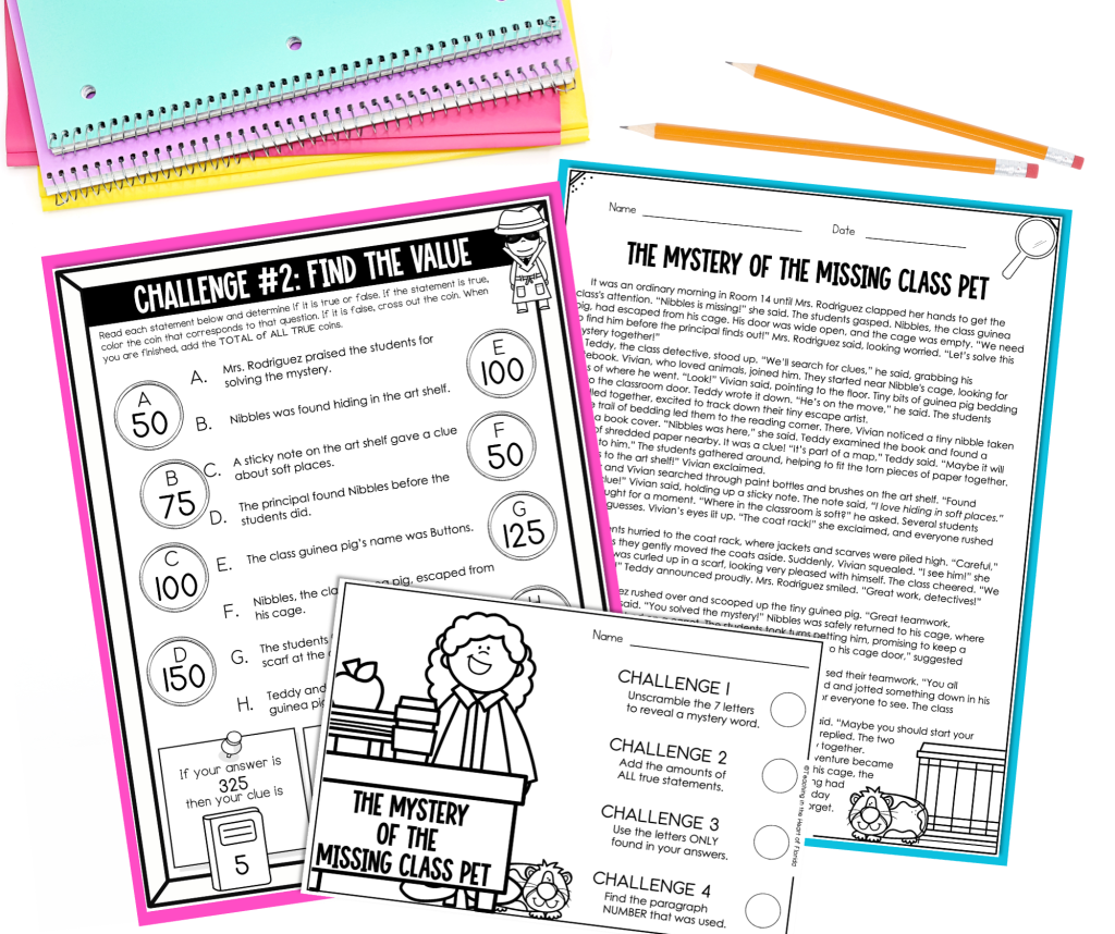 The Mystery of the Missing Class Pet reading escape room for 4th-5th grade showing the reading passage, true or false comprehension challenge, and four challenge tracking sheet by Teaching in the Heart of Florida.