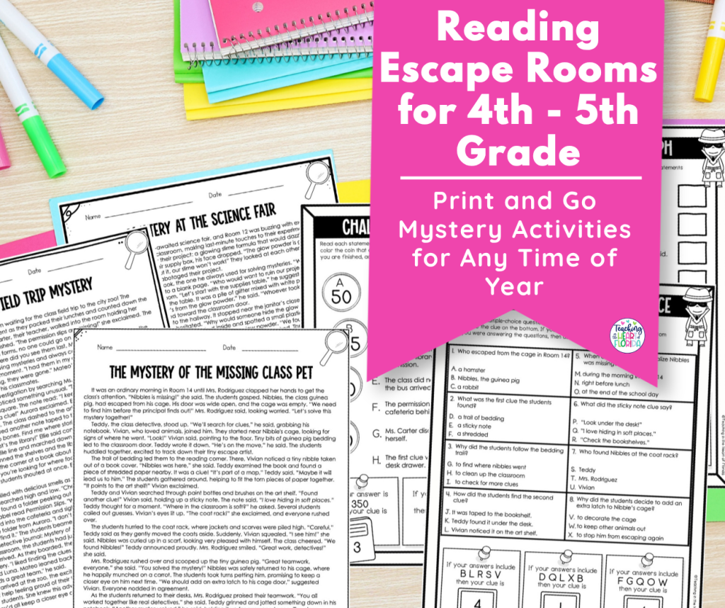Reading escape rooms for 4th-5th grade Pinterest pin showing print and go mystery activities including the Missing Class Pet, Zoo Field Trip Mystery, and Mystery at the Science Fair.