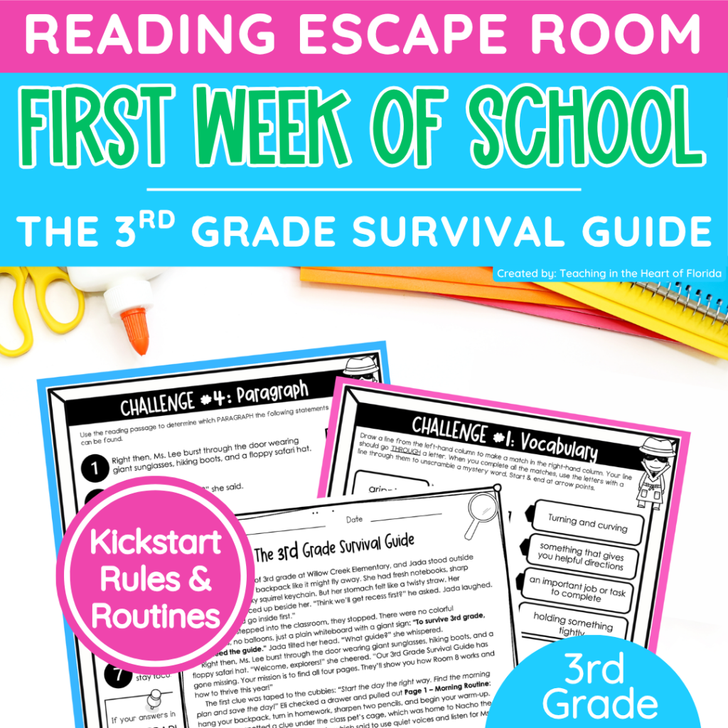 First Week of School Activities for 3rd Grade reading escape room called The 3rd Grade Survival Guide with challenge worksheets to kickstart rules and routines.