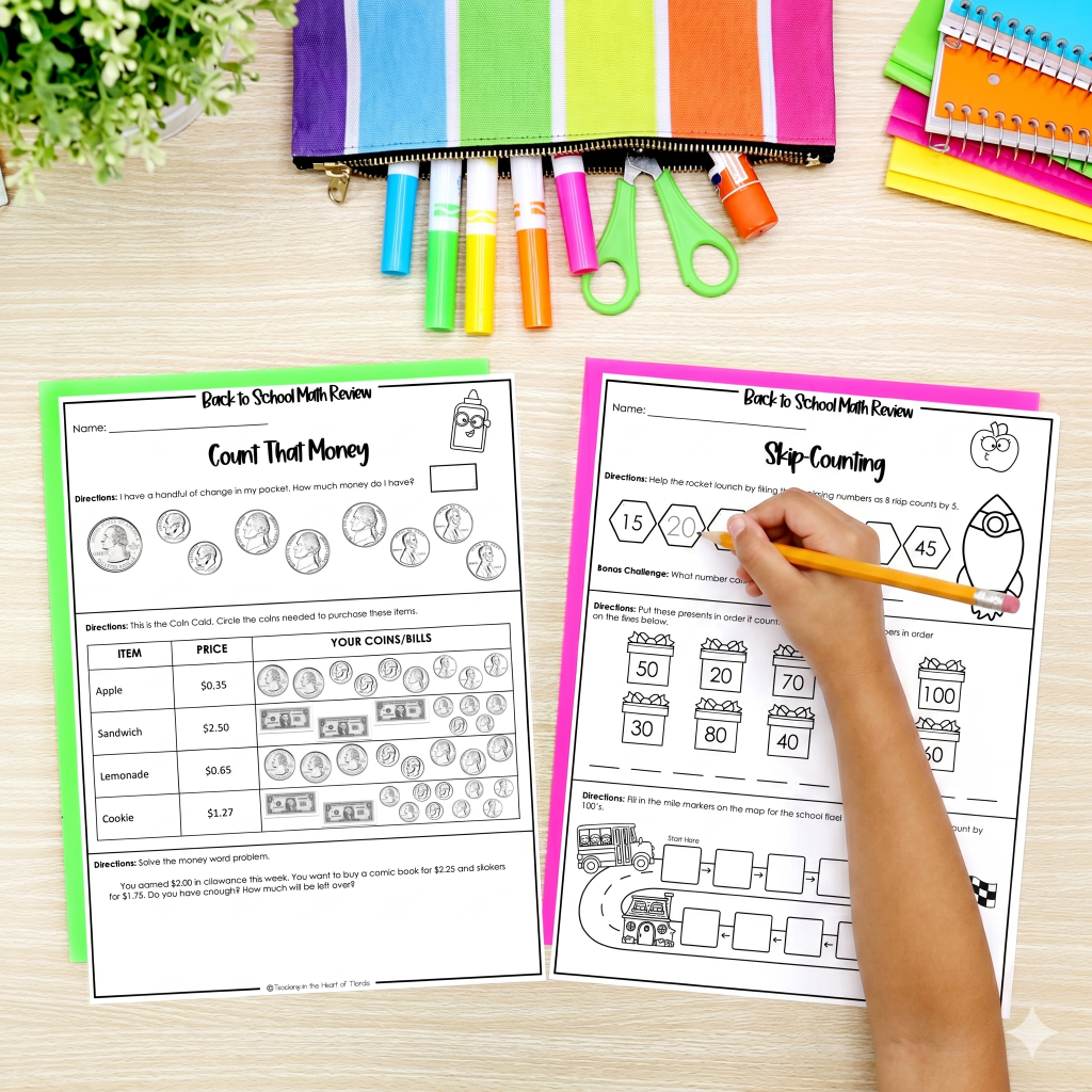 Back to school math review for 3rd grade worksheets showing Count That Money and Skip Counting activities on a colorful desk with school supplies.