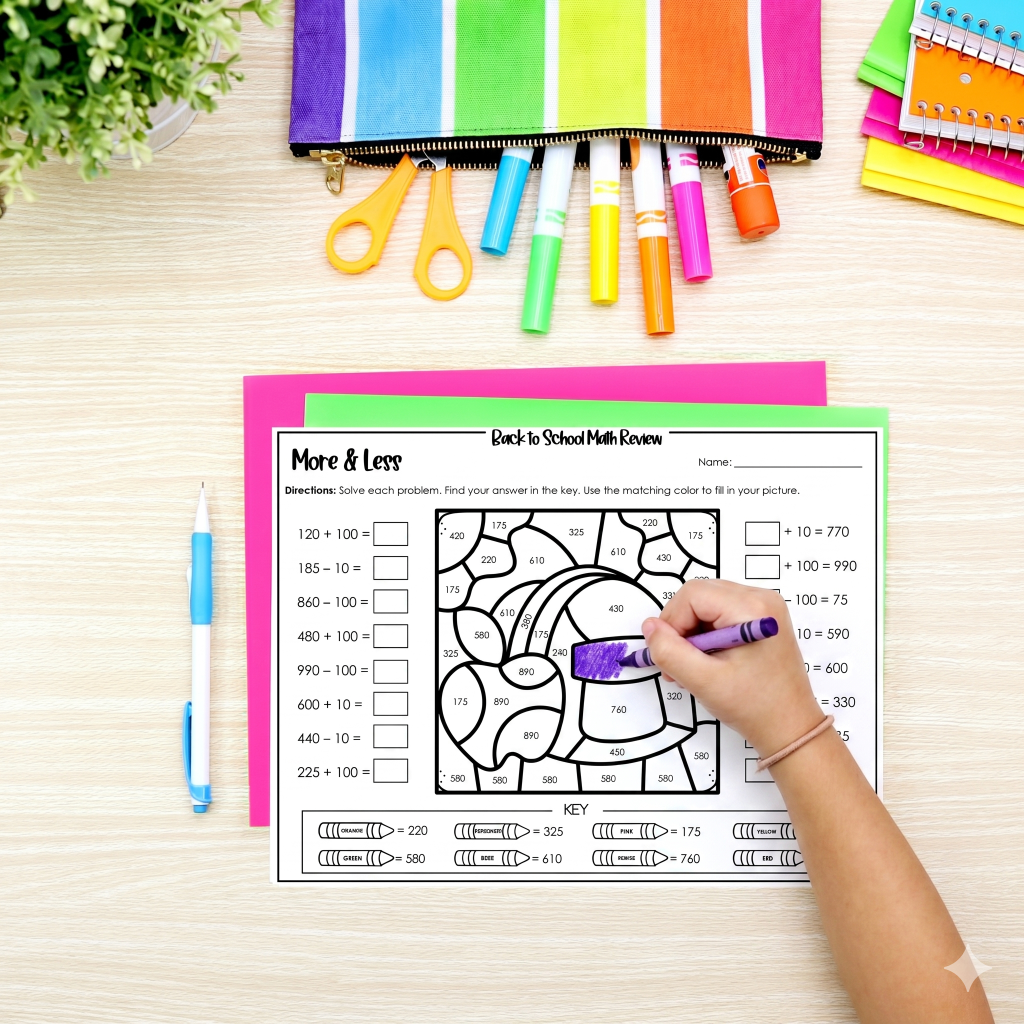 Back to school math review for 3rd grade More and Less color by number worksheet with a student coloring using a purple crayon.