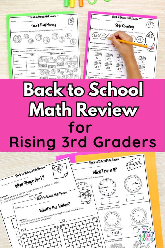 Back to school math review for 3rd grade Pinterest pin showing Count That Money, Skip Counting, What Shape Am I, What's the Value, and What Time Is It worksheets for rising 3rd graders by Teaching in the Heart of Florida.