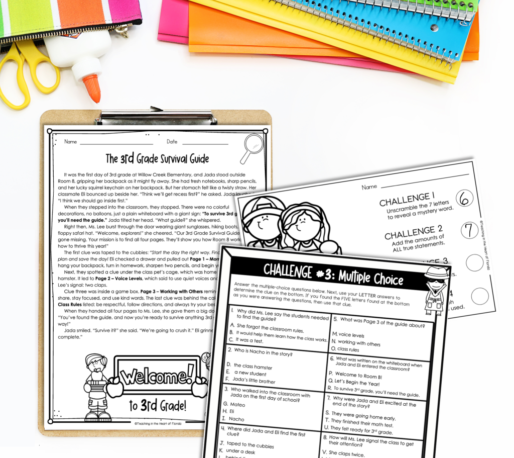 Printable First Week of School Activities for 3rd Grade featuring Challenge 3, multiple choice, 3rd Grade Survival Guide escape room.