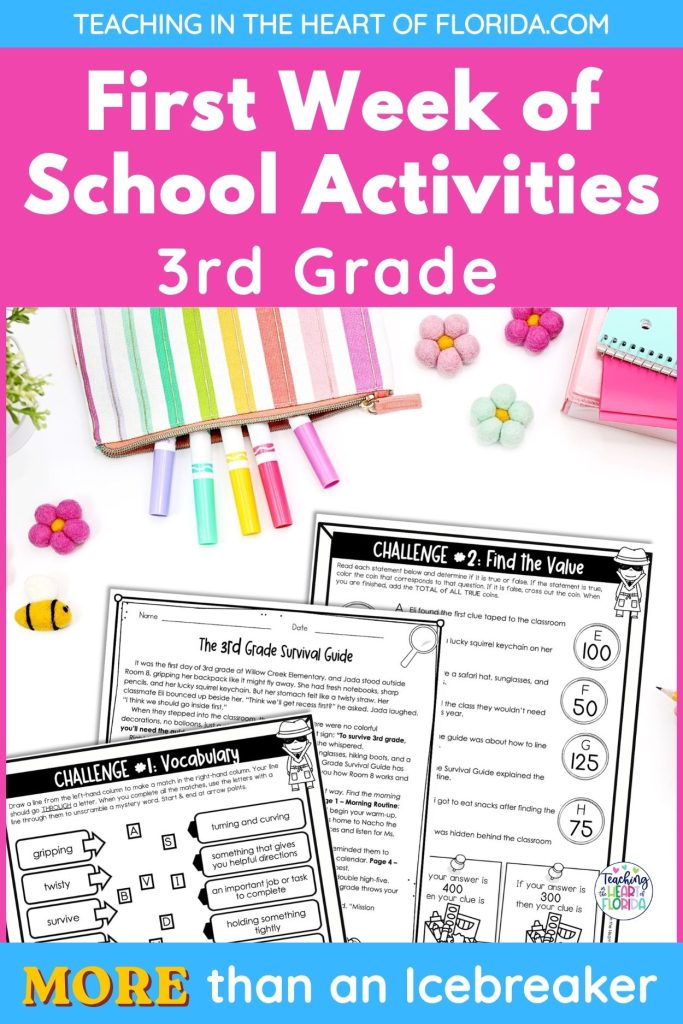 First week of school activities for 3rd grade Pinterest pin showing a reading escape room called the 3rd Grade Survival Guide with vocabulary and true or false challenge worksheets by Teaching in the Heart of Florida.