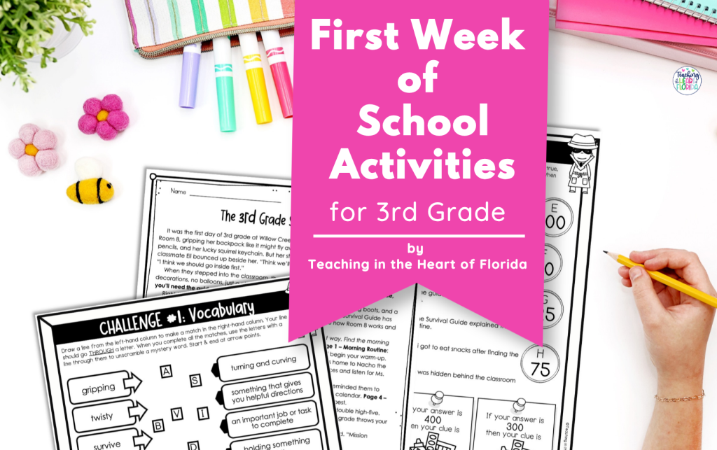 First Week of School Activities for 3rd Grade reading escape room showing the 3rd Grade Survival Guide passage and vocabulary challenge worksheet.