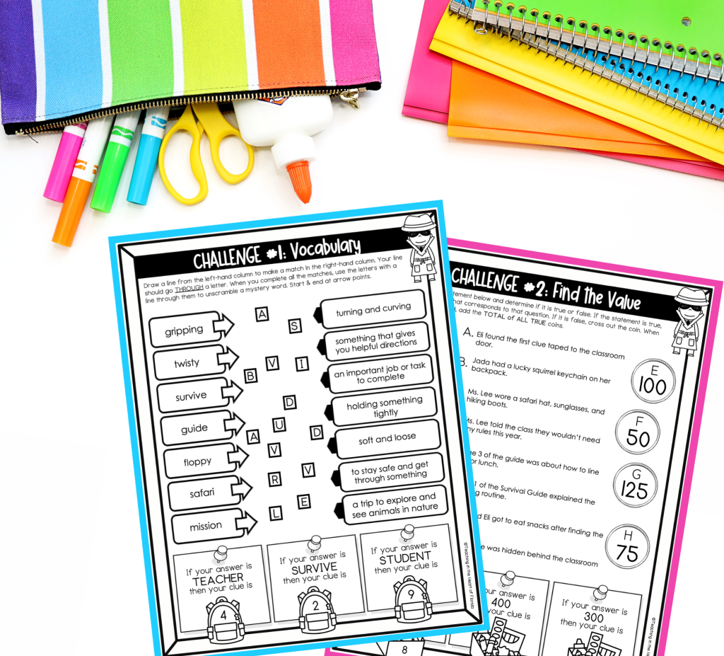Printable First Week of School Activities for 3rd Grade featuring Challenge 1 vocabulary matching and Challenge 2 Find the Value worksheets from the 3rd Grade Survival Guide escape room.