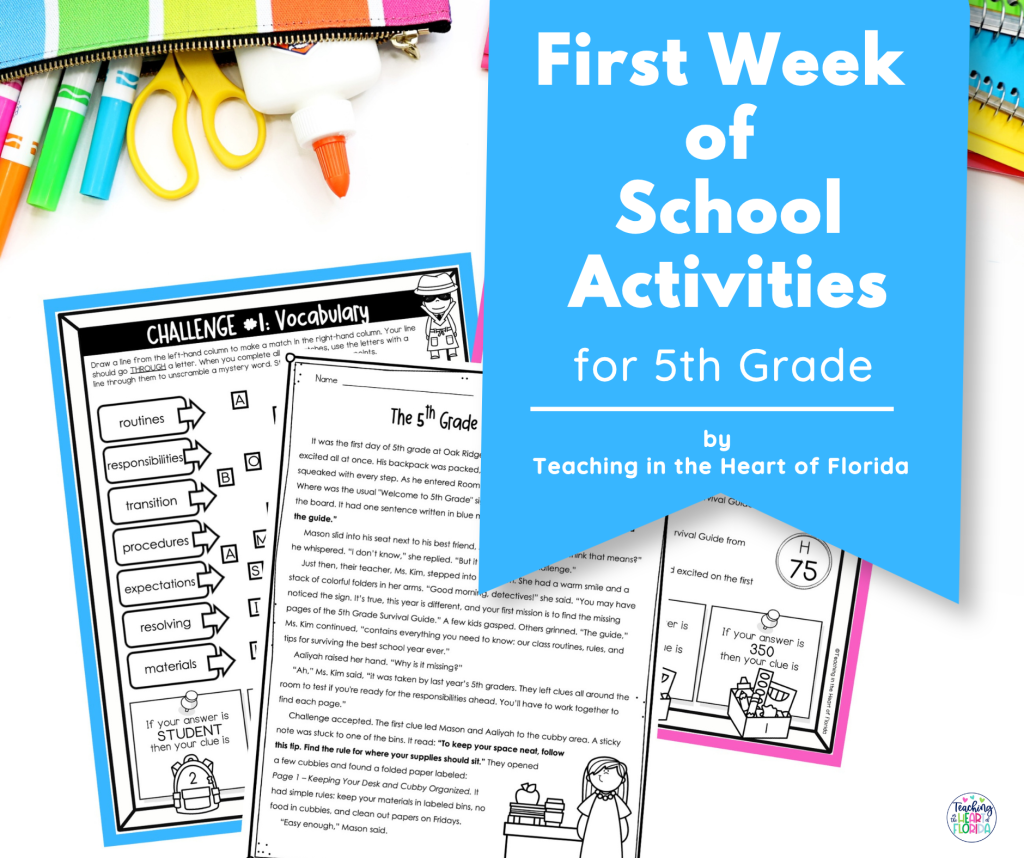 First week of school activities for 5th grade Pinterest pin showing the 5th Grade Survival Guide reading escape room with vocabulary and true or false challenge worksheets by Teaching in the Heart of Florida.