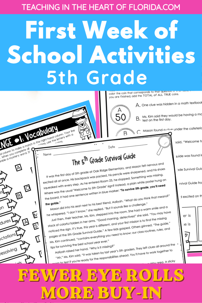 First week of school activities for 5th grade Pinterest pin showing the 5th Grade Survival Guide reading escape room with vocabulary and true or false challenge worksheets by Teaching in the Heart of Florida.