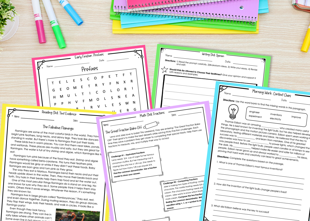 How to prepare for a substitute teacher with ready-to-use 4th-grade sub plans showing reading, writing, math, morning work, and early finisher activities by Teaching in the Heart of Florida