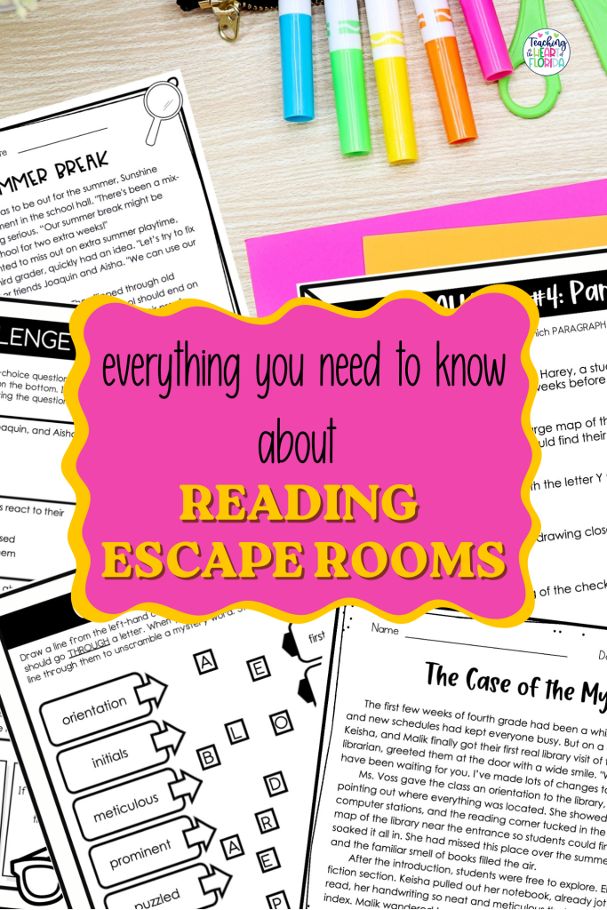 Reading escape rooms for elementary students showing a reading passage, vocabulary challenge, and paragraph challenge from Teaching in the Heart of Florida