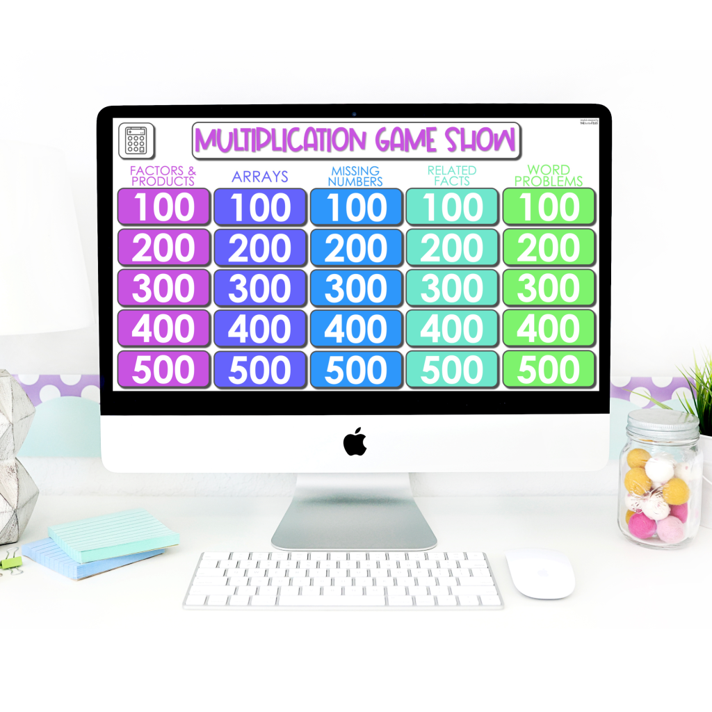 Computer screen showing the Multiplication Game Show board with five categories, Factors and Products, Arrays, Missing Numbers, Related Facts, and Word Problems, part of classroom multiplication games for 3rd grade by Teaching in the Heart of Florida