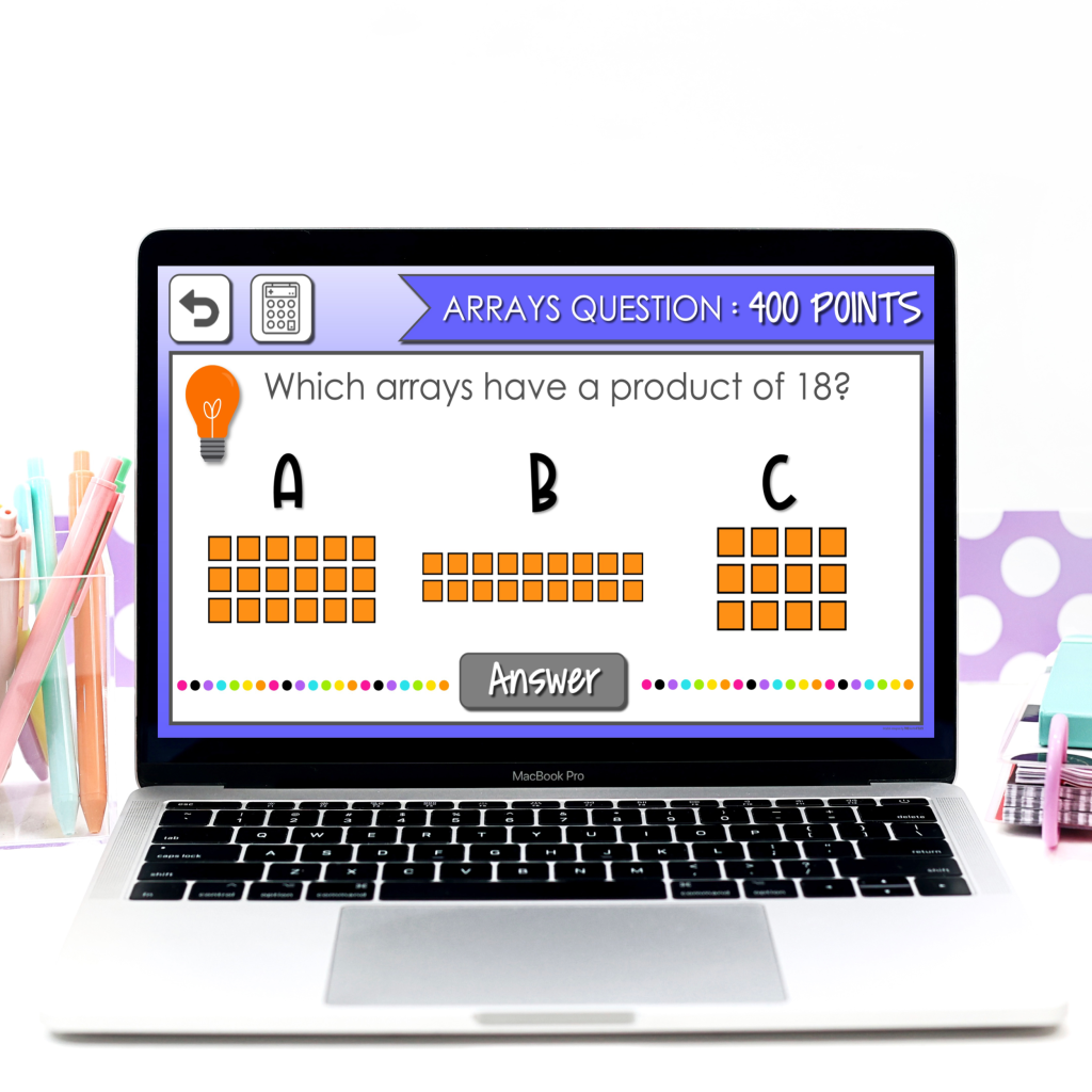 Laptop screen showing a multiplication game show arrays question worth 400 points, with three array options for students to choose the one with a product of 18, from classroom multiplication games for 3rd grade by Teaching in the Heart of Florida