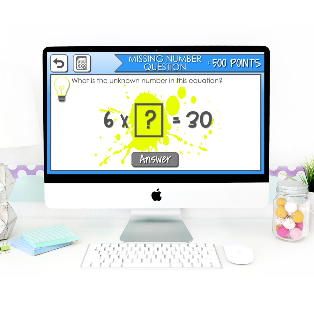 Computer screen showing a multiplication game show missing number question worth 500 points, asking students to solve 6 times what equals 30, from classroom multiplication games for 3rd grade by Teaching in the Heart of Florida