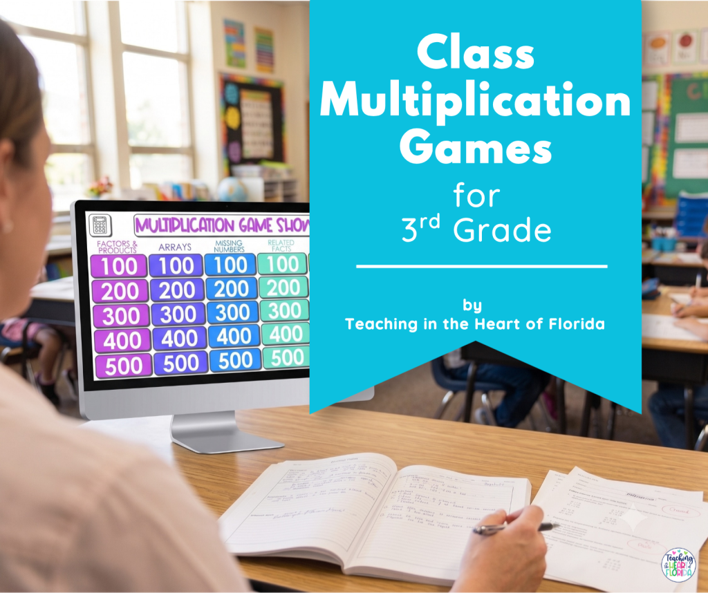 Laptop screen showing a multiplication game show board with categories for arrays, missing numbers, related facts, and word problems, part of classroom multiplication games for 3rd grade by Teaching in the Heart of Florida