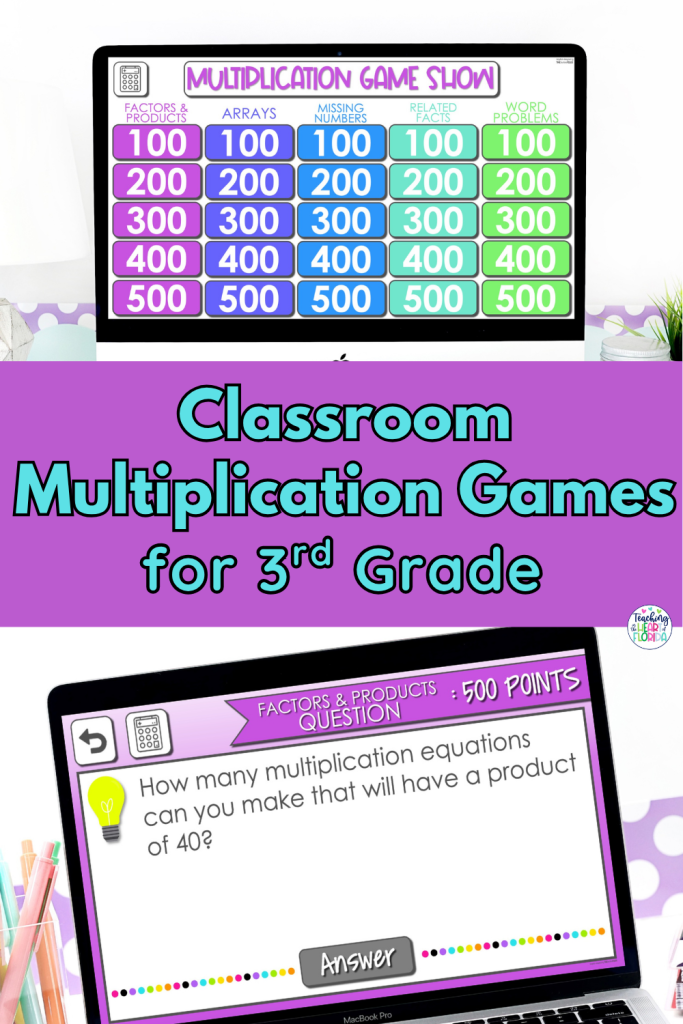Pinterest pin for classroom multiplication games for 3rd grade, showing a multiplication game show board with five categories and a laptop screen with a factors and products question worth 500 points, by Teaching in the Heart of Florida