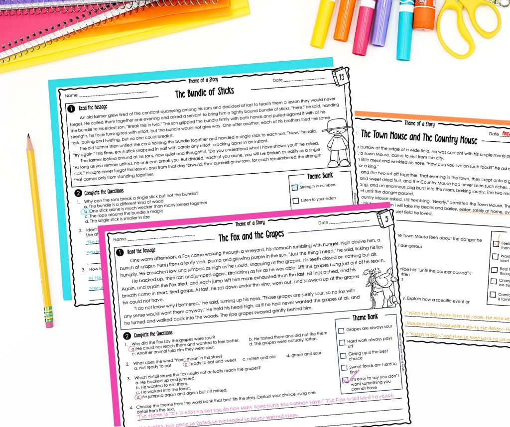 Leveled fable passages with Theme Bank for 3rd and 4th grade 4 activities for teaching theme by Teaching in the Heart of Florida