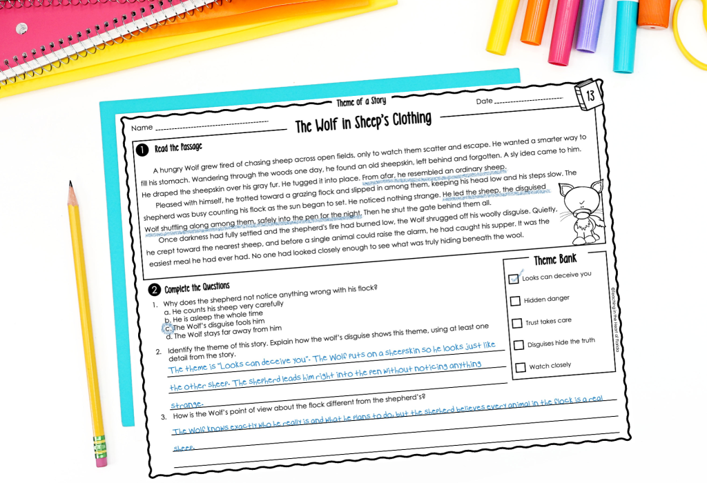 Theme worksheet with Theme Bank and multiple choice questions for 3rd and 4th grade 4 activities for teaching theme by Teaching in the Heart of Florida