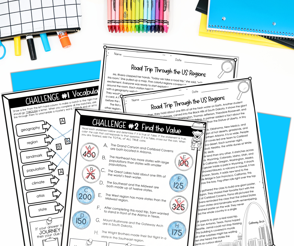 Regions of the United States reading escape room vocabulary matching challenge and true false coin challenge pages, shown with the Road Trip Through the US Regions passage by Teaching in the Heart of Florida