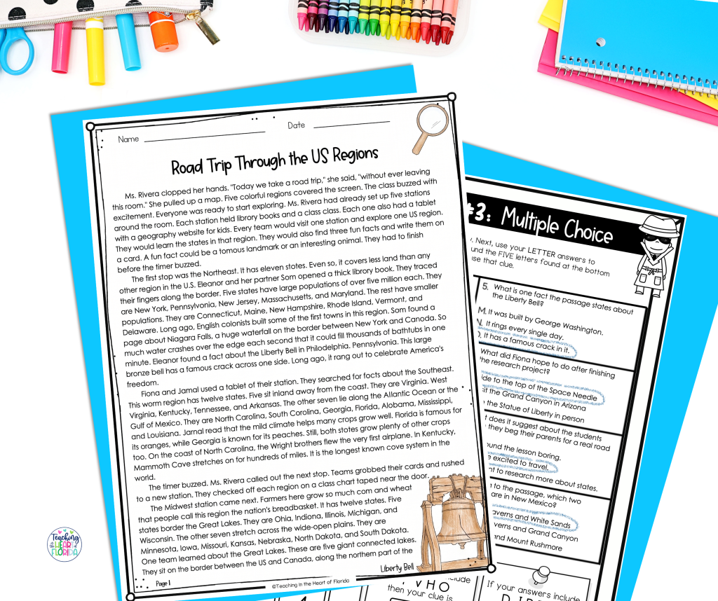 Regions of the United States reading escape room passage page titled Road Trip Through the US Regions with a Liberty Bell graphic, next to a multiple choice challenge page by Teaching in the Heart of Florida