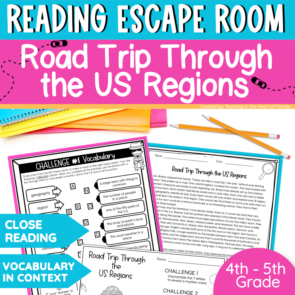 Regions of the United States reading escape room product cover titled Road Trip Through the US Regions, showing the vocabulary challenge and reading passage for 4th and 5th grade by Teaching in the Heart of Florida