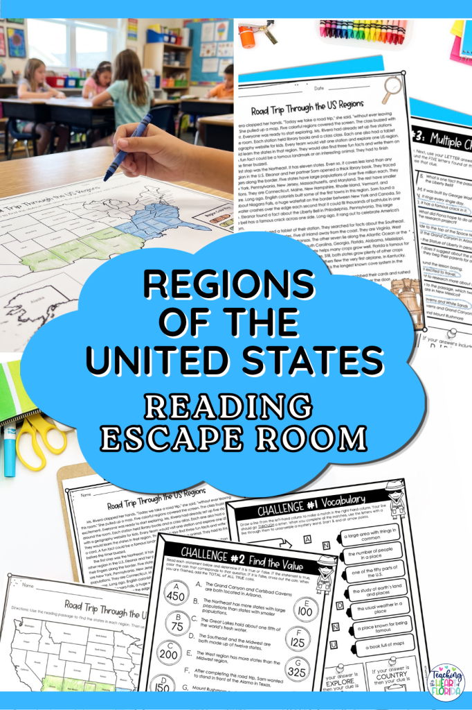 Regions of the United States reading escape room Pinterest pin showing the Road Trip Through the US Regions passage, vocabulary and true false challenge pages, and a regions map coloring activity by Teaching in the Heart of Florida