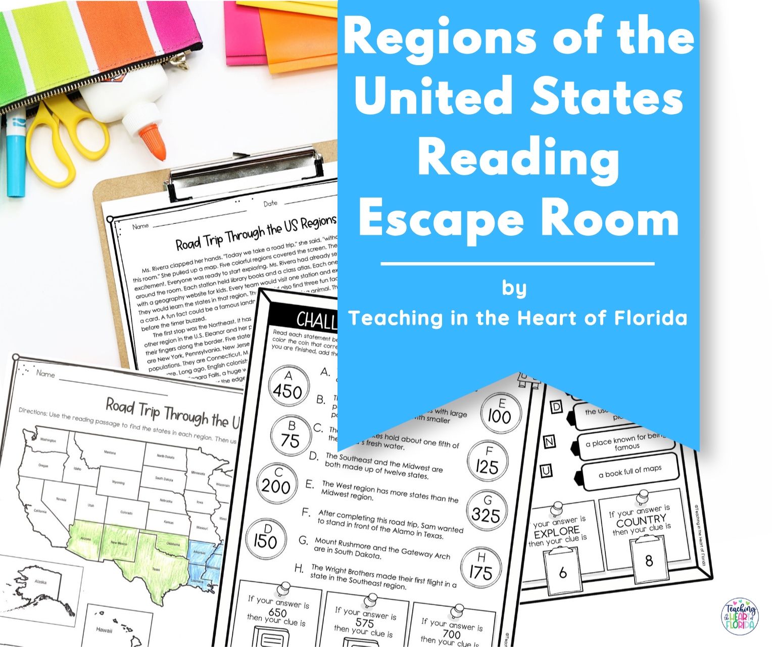 Regions of the United States reading escape room cover page showing the reading passage, a regions map coloring page, and challenge clue cards by Teaching in the Heart of Florida